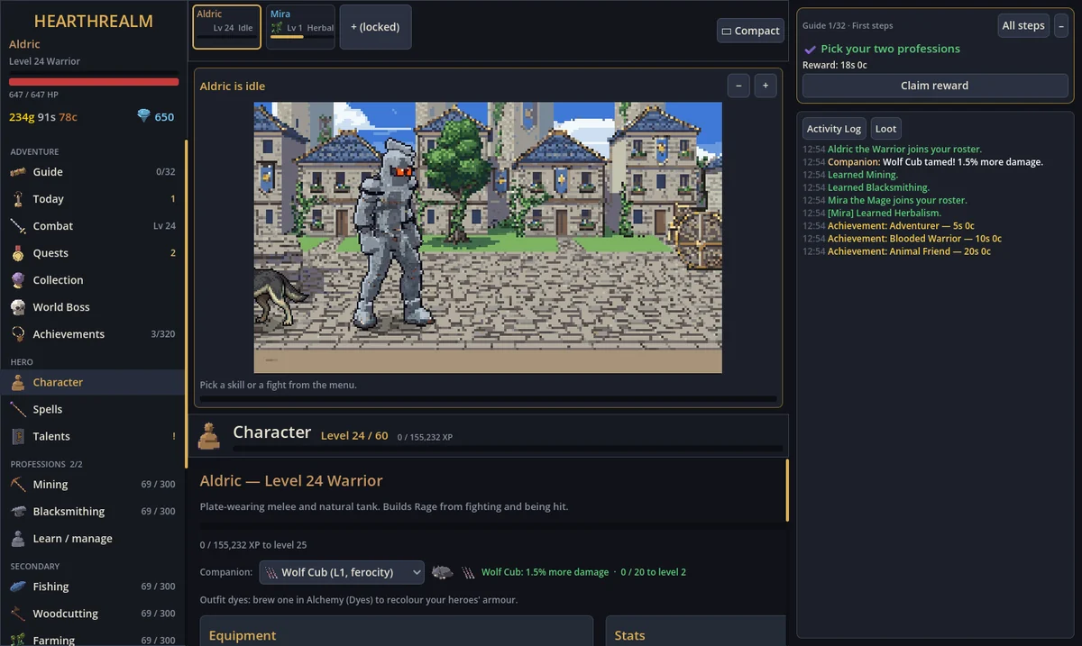 The character sheet with gear and a pet