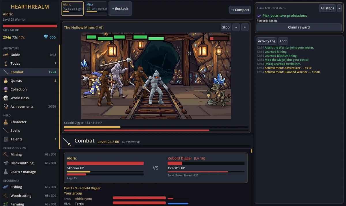 Hearthrealm Idle on a PC: a party fighting through the Hollow Mines dungeon, with the roster, guide and activity log