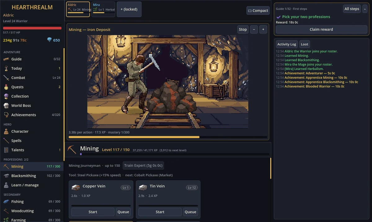 Mining iron ore while the other heroes work